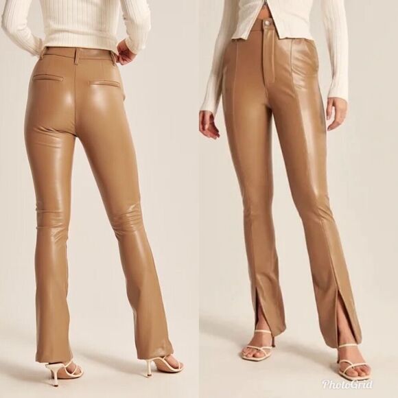 Abercrombie & Fitch Skinny Ultra High Rise Vegan Leather Split Hem Pants Tan - Picture 1 of 10